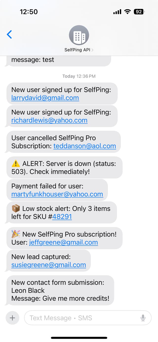 SelfPing mobile app screenshot
